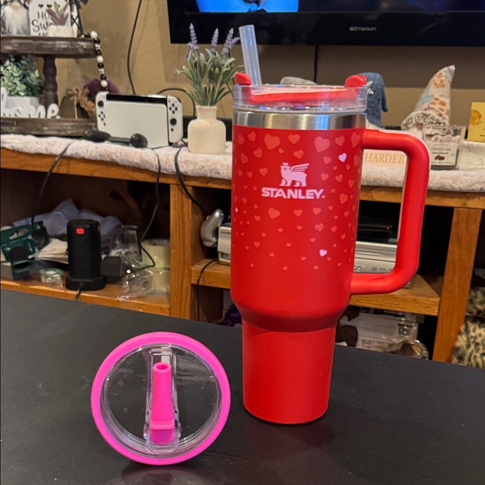 Stanley Heart-Patterned Red 40 oz. Tumbler with Pink extra non-spill Lid
